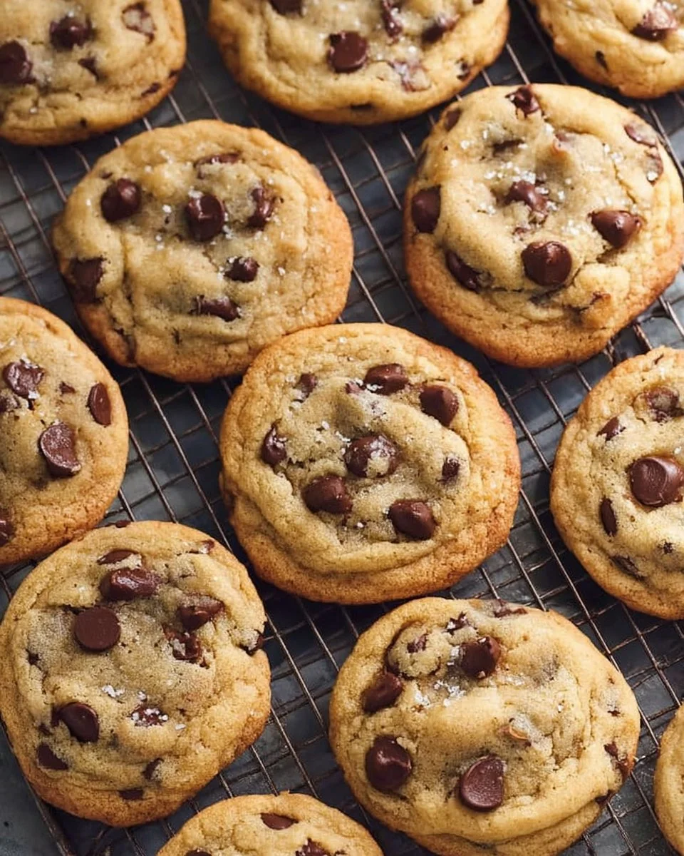 Freshly baked chocolate chip cookies on a cooling rack