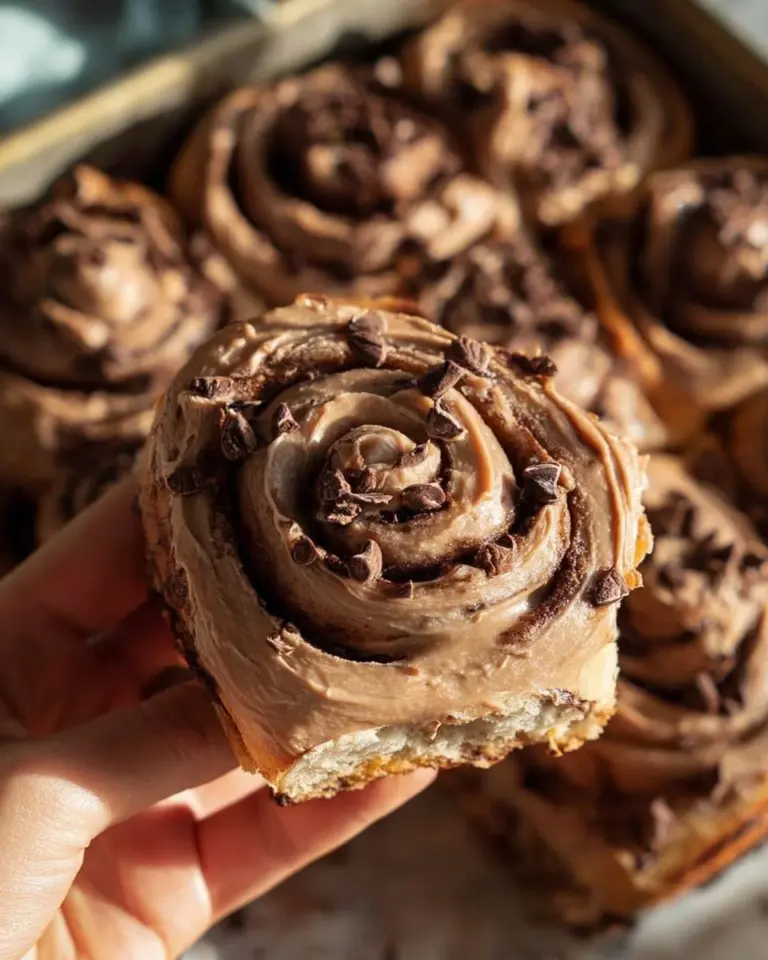 Freshly baked chocolate cinnamon rolls topped with chocolate icing.