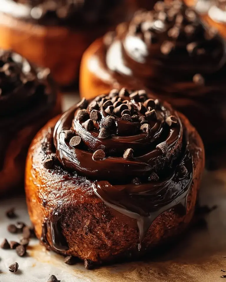 Freshly baked chocolate cinnamon rolls drizzled with chocolate icing.