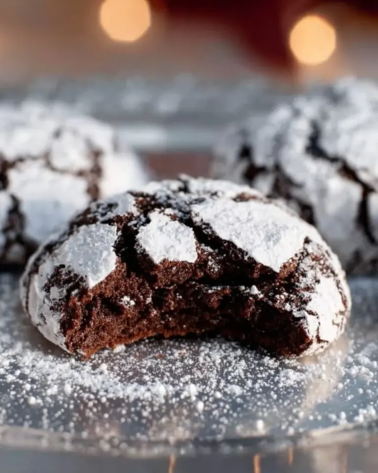 Freshly baked Chocolate Crinkle Cookies dusted with powdered sugar