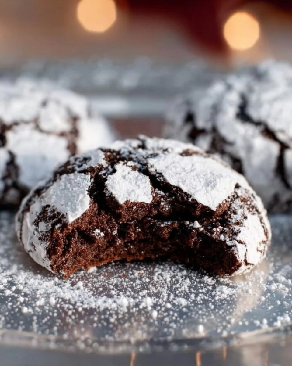 Freshly baked Chocolate Crinkle Cookies dusted with powdered sugar