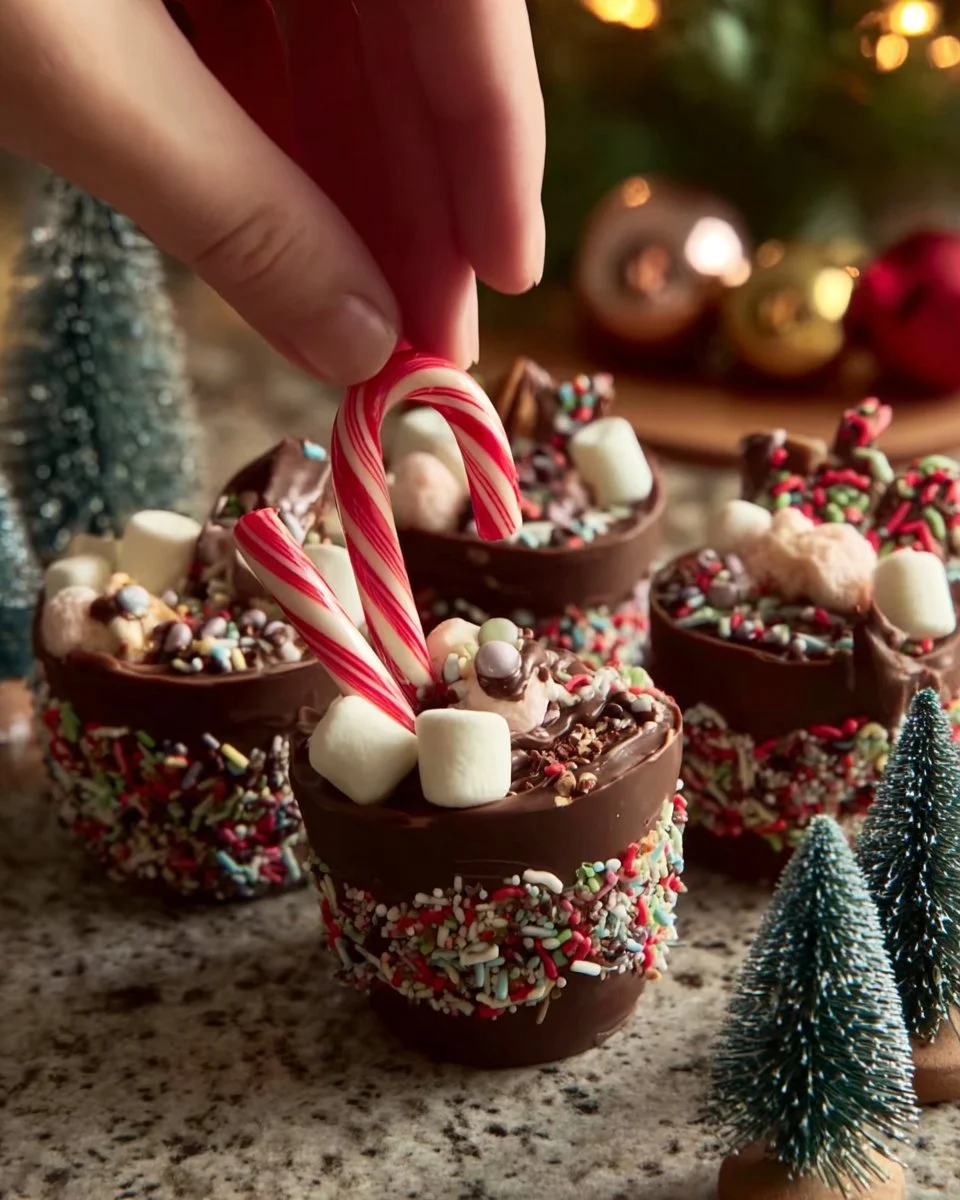 Delicious chocolate hot cups topped with whipped cream and cocoa sprinkles