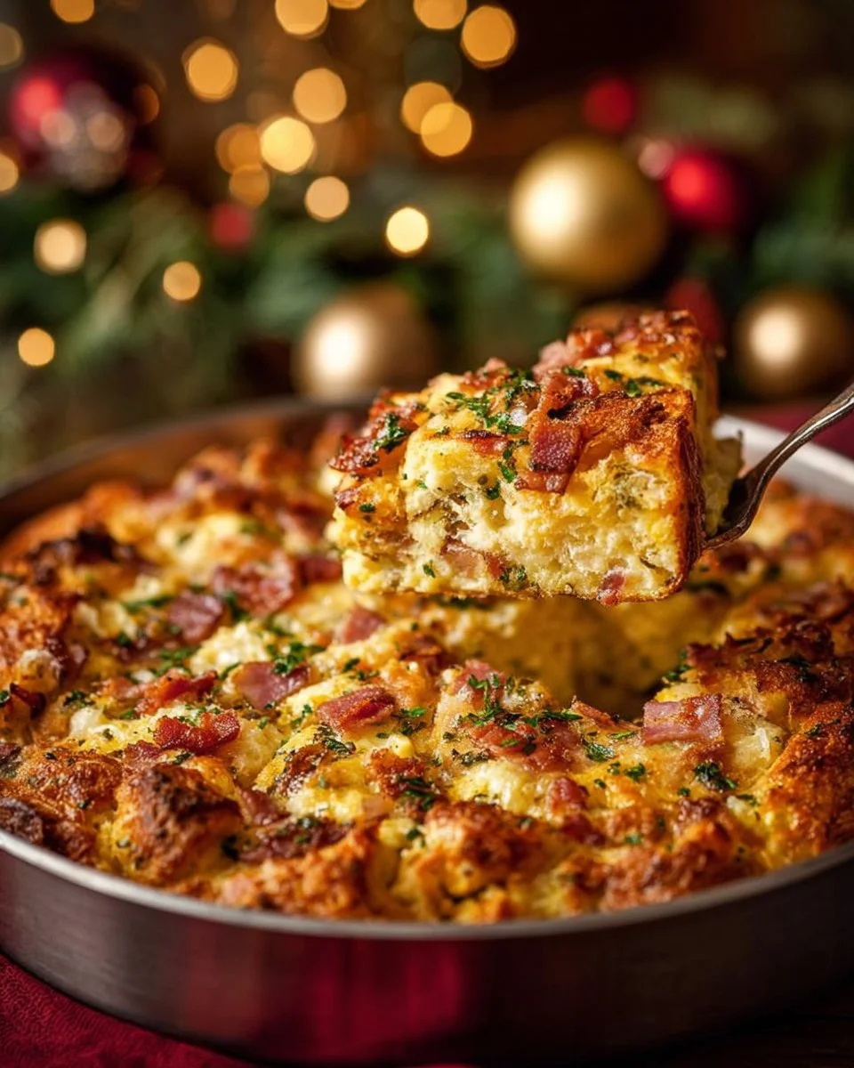 Delicious Christmas Breakfast Casserole with eggs and festive toppings