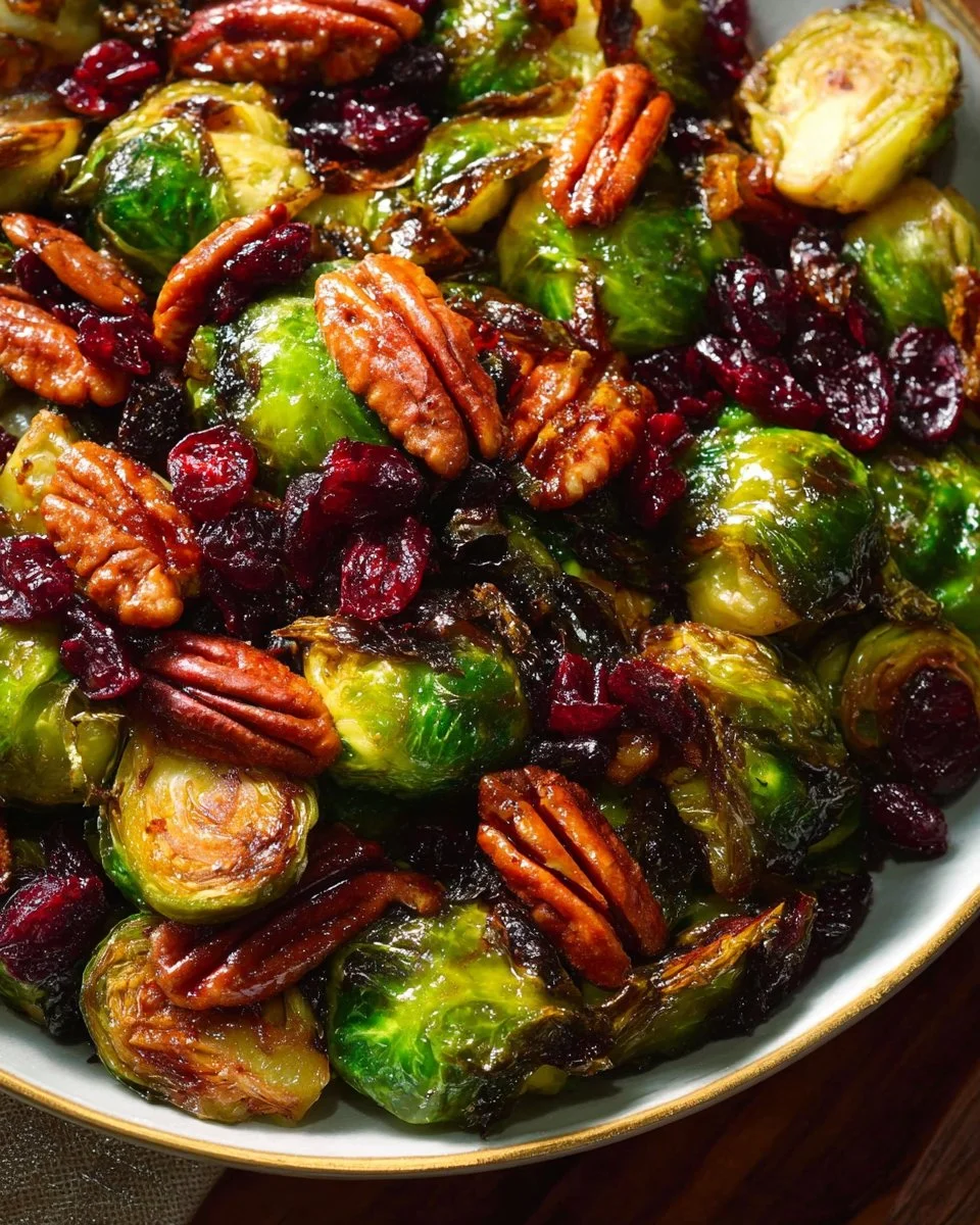 Christmas Brussels sprouts with bacon, pecans, and cranberries on a festive table
