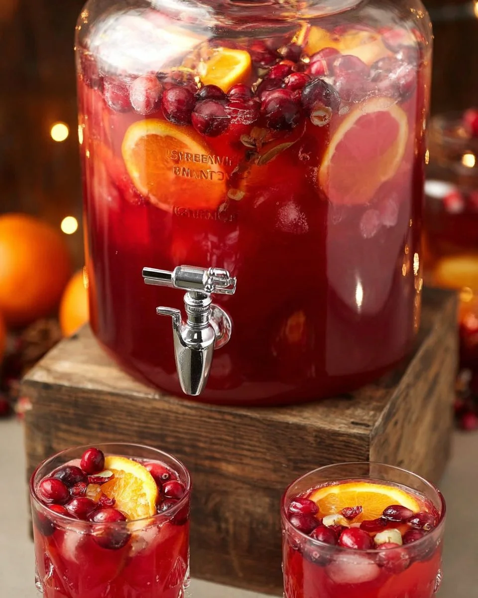 A festive Christmas holiday punch in a bowl, full of colorful fruits and festive spices.