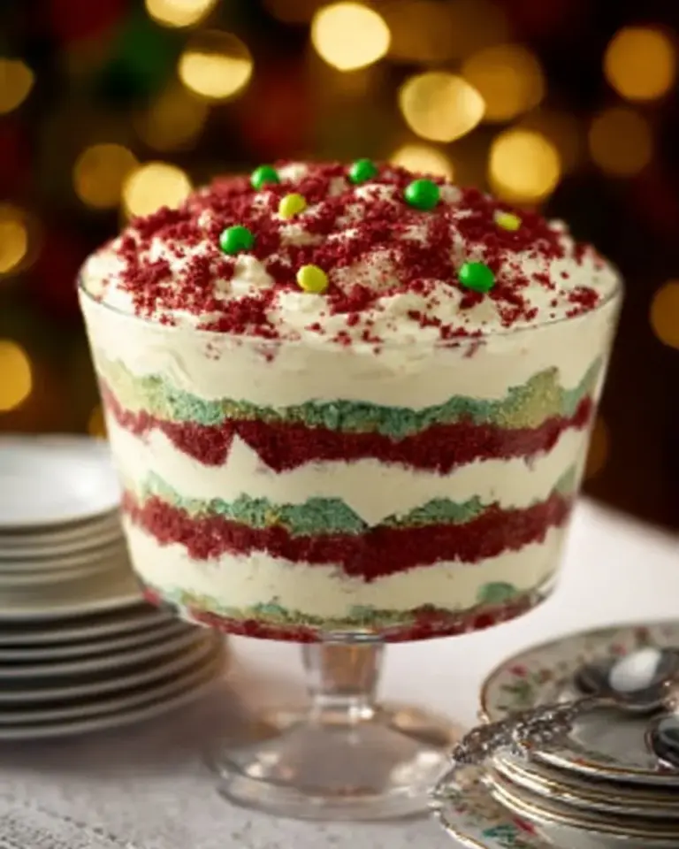 Delicious Christmas trifle dessert with layers of cake, fruit, and whipped cream.
