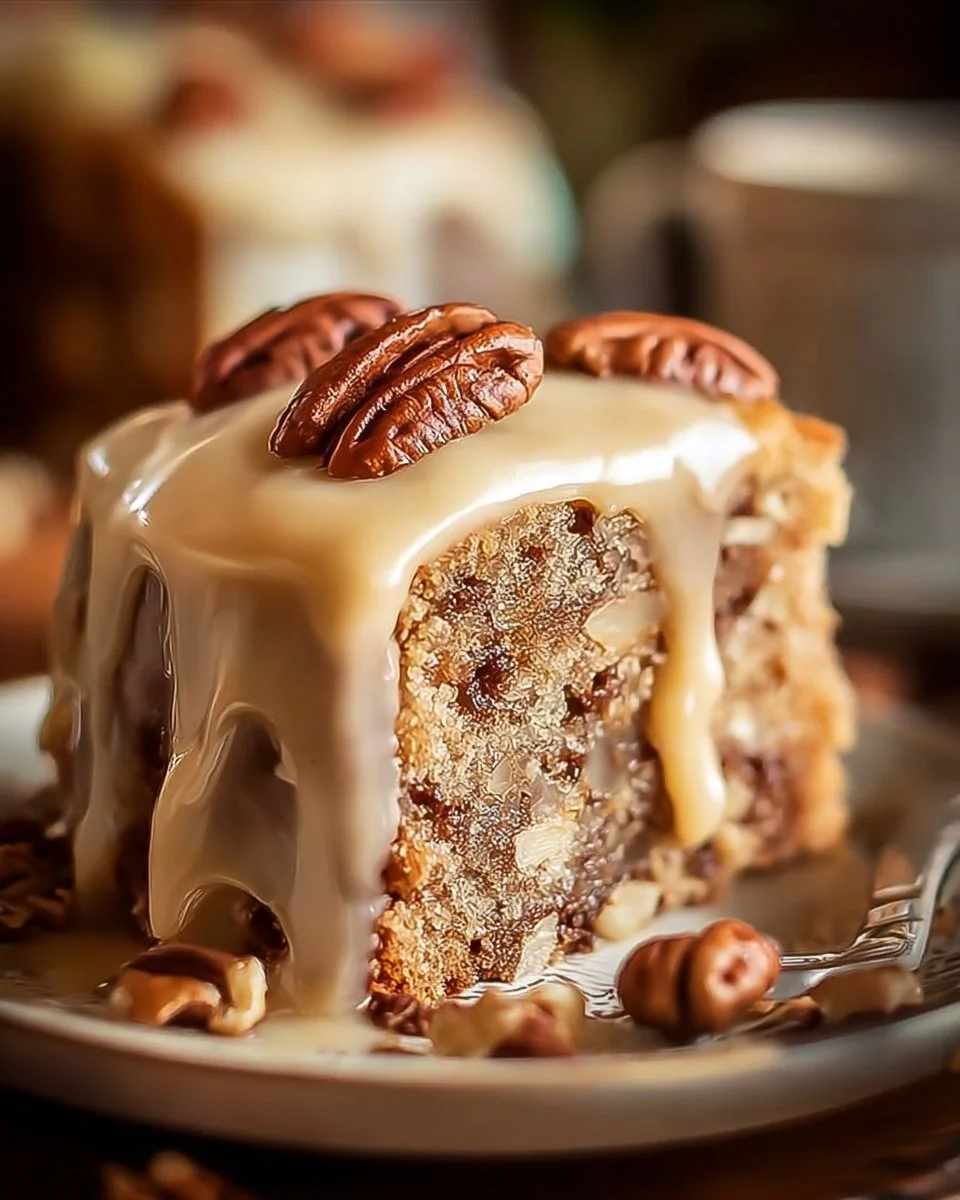 Classic praline pecan cake with rich frosting and pecan topping