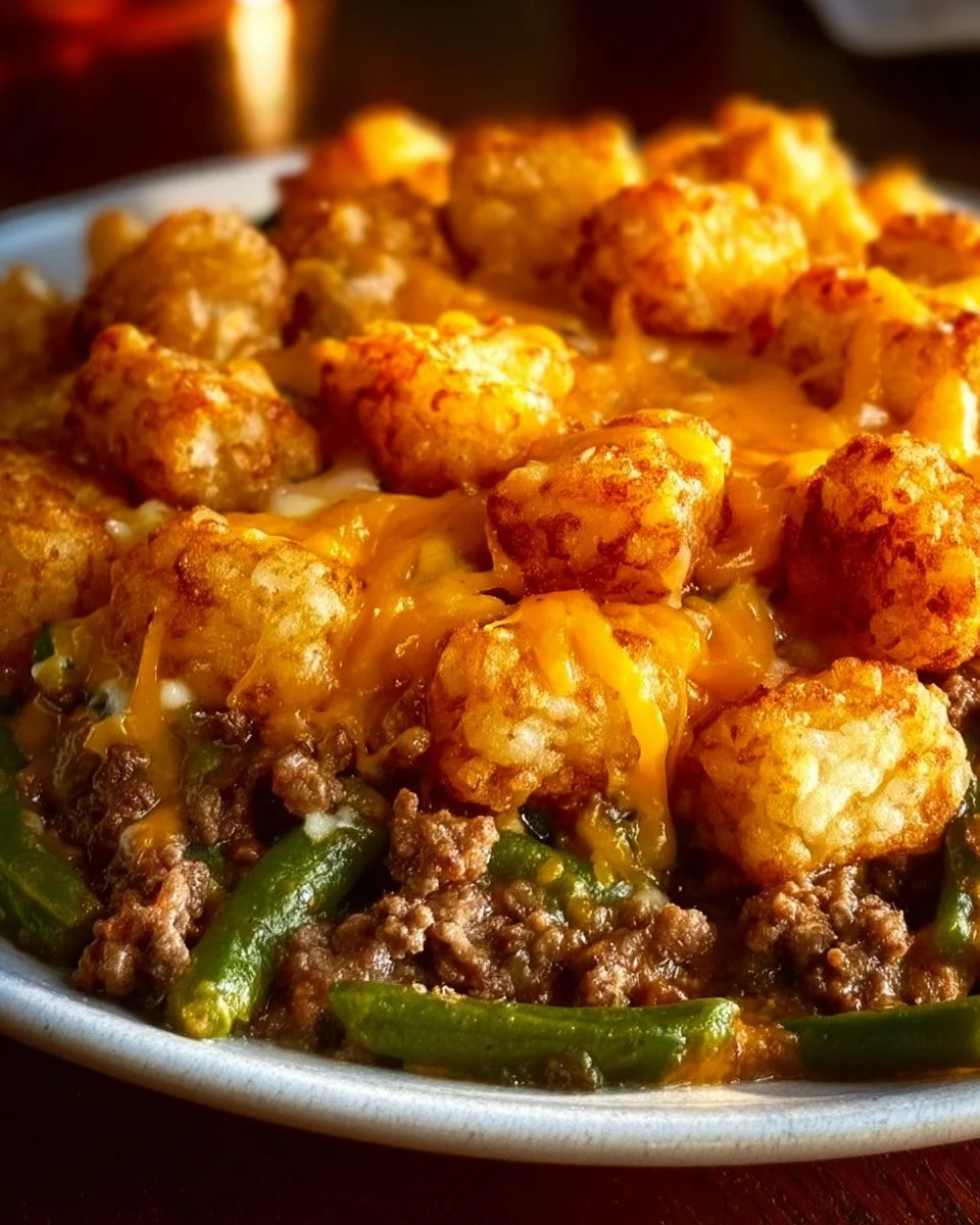 Classic tater tot casserole with hamburger and green beans served on a plate