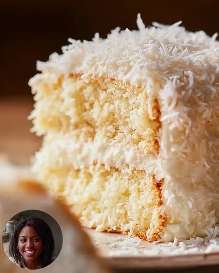 Delicious slice of homemade coconut cake with coconut frosting and decoration
