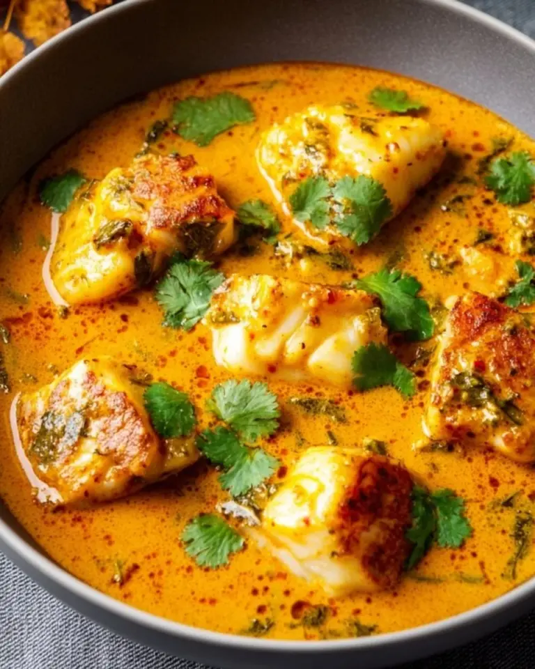 A bowl of Coconut Fish Curry garnished with fresh herbs and spices.