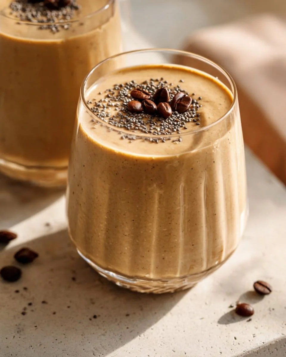 Delicious coffee smoothie topped with whipped cream and cocoa powder