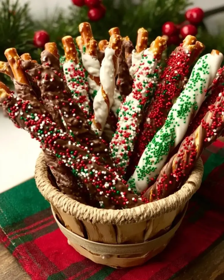 Festively decorated Christmas pretzel rods on a holiday table