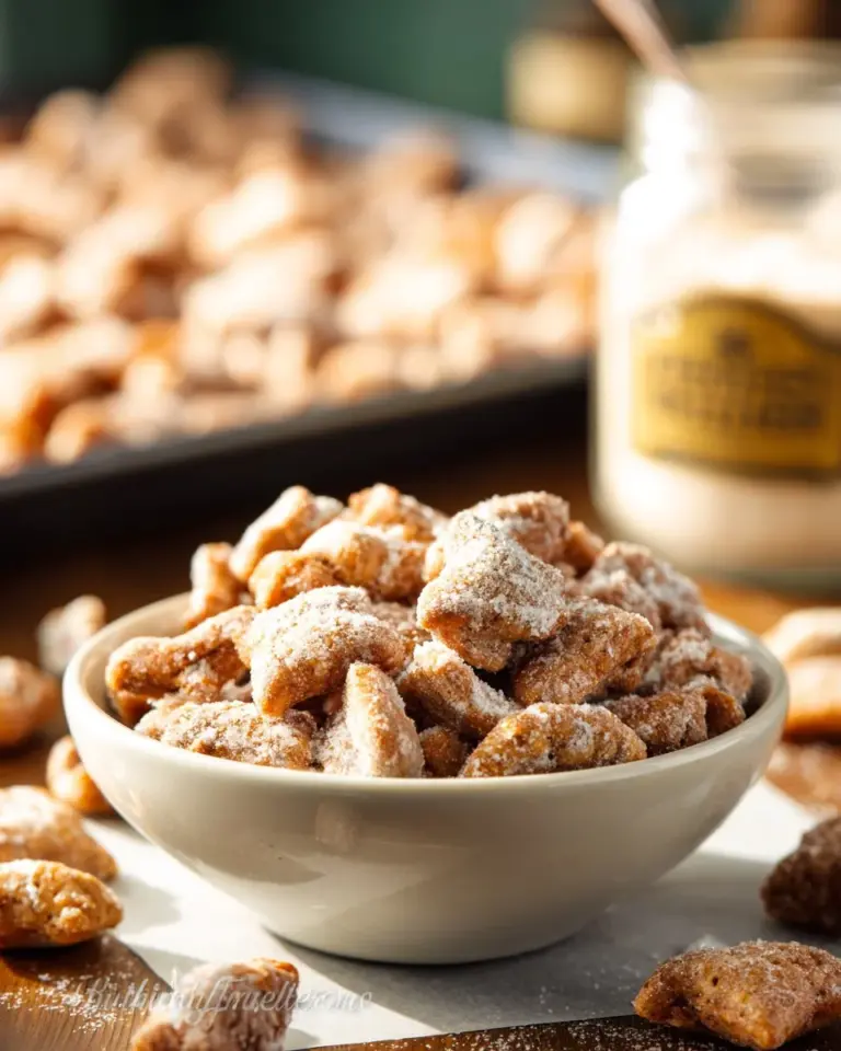 Delicious cookie butter puppy chow dessert in a bowl with chocolate drizzle.