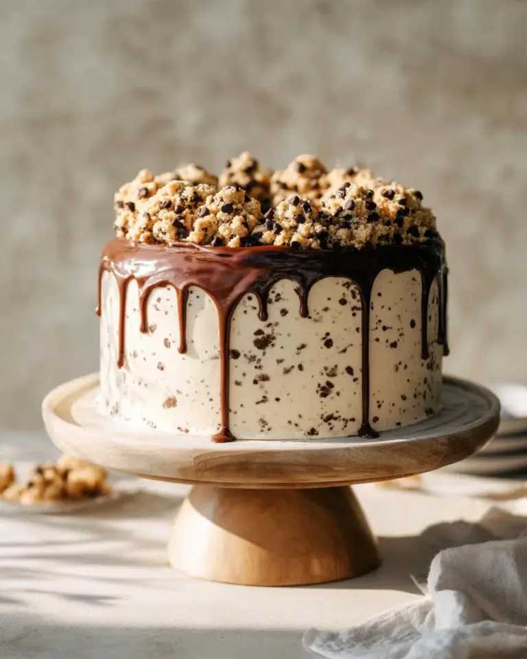 Delicious Cookie Dough Cake with chocolate chips and creamy frosting