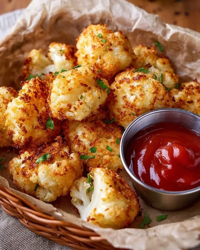 Cottage cheese cauliflower tots on a plate, served with dipping sauce.