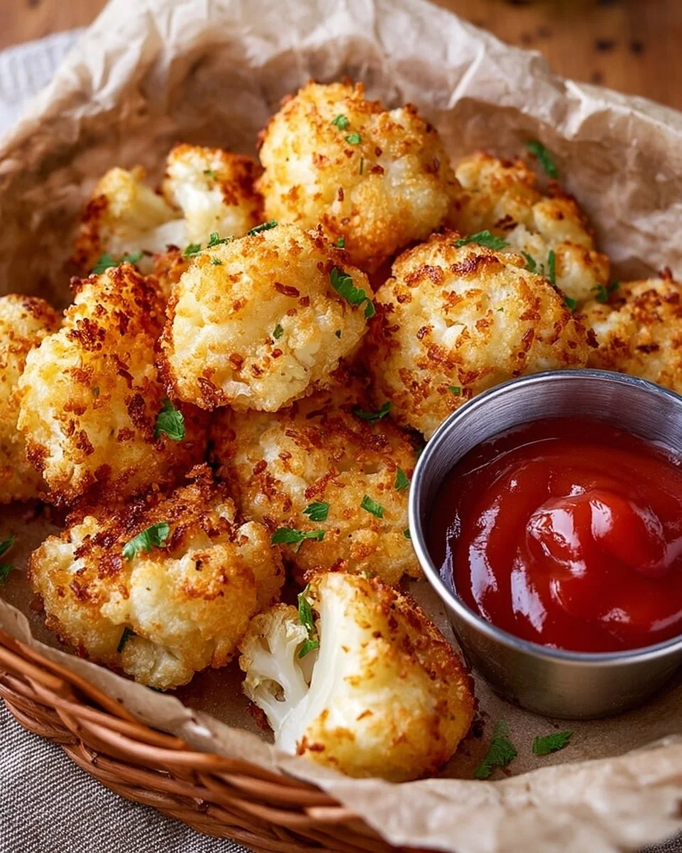 Cottage cheese cauliflower tots on a plate, served with dipping sauce.