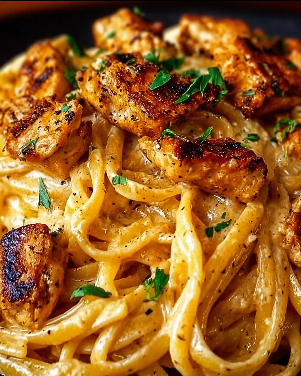 Cowboy Butter Chicken Linguine dish featuring creamy butter chicken sauce over pasta.