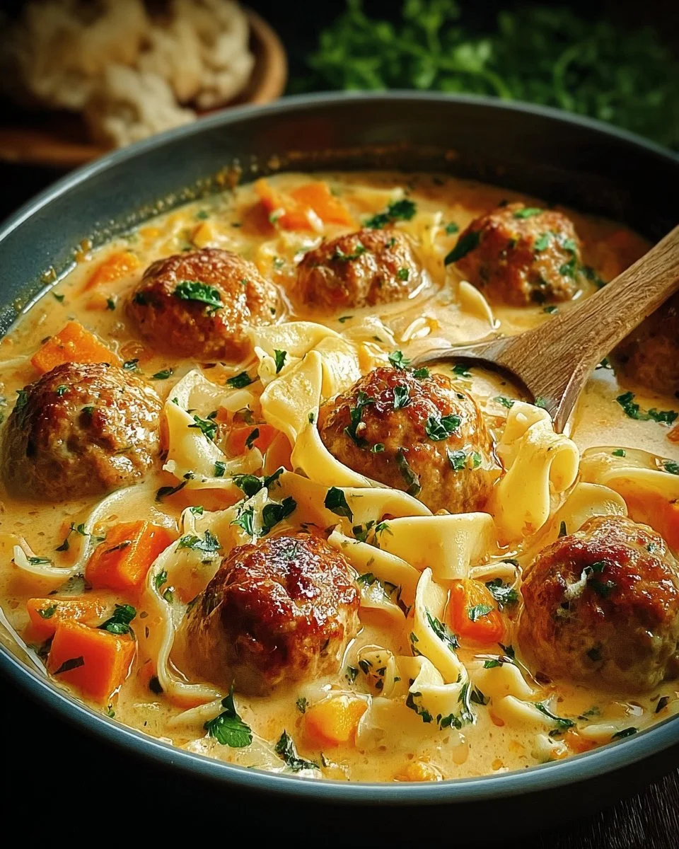 Bowl of cozy Swedish meatball soup with herbs and spices