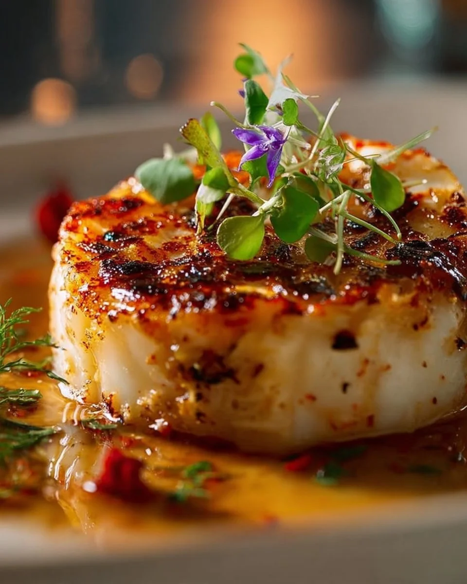 Crab Custard Brûlée served in a ramekin, garnished with fresh herbs.