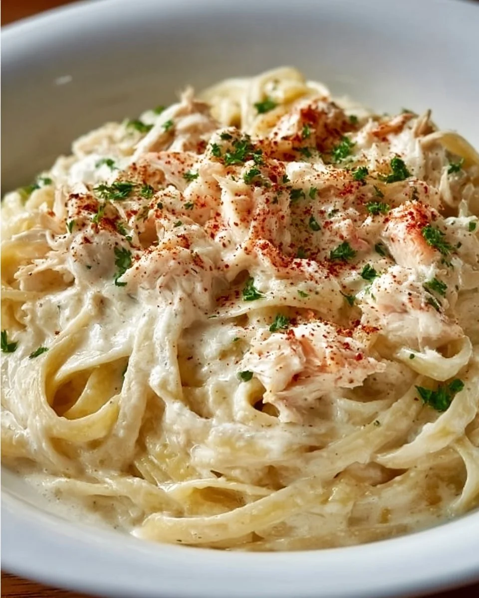 Delicious crab fettuccine alfredo served in a bowl with parsley garnish