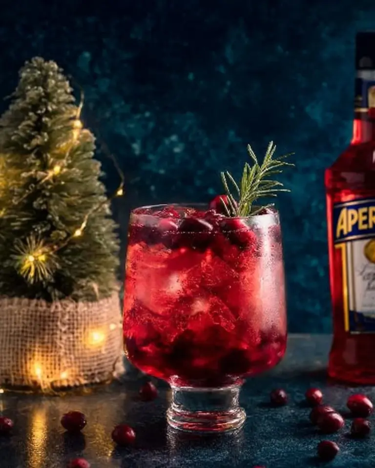 Cranberry Aperol Spritz cocktail garnished with fresh cranberries and orange slices