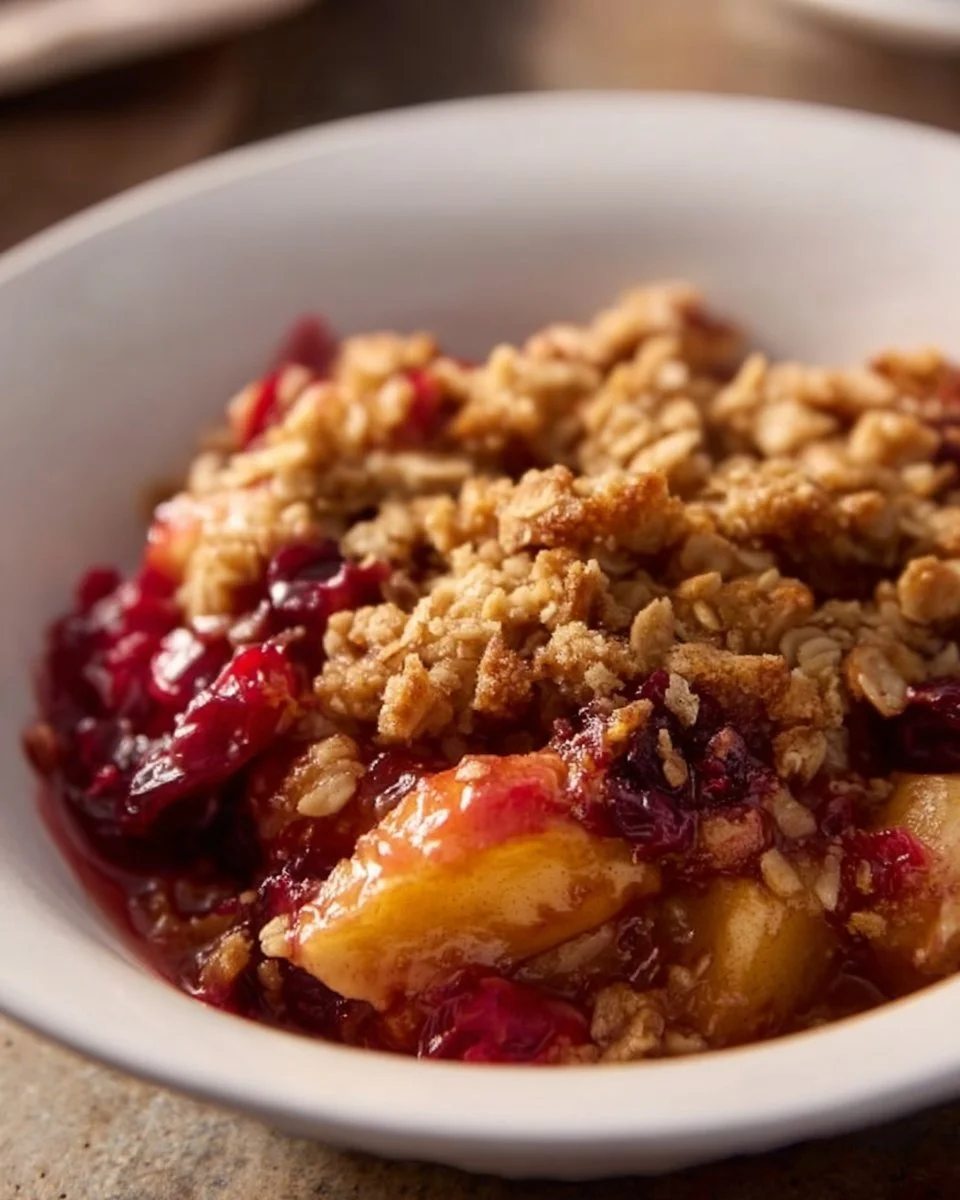 Delicious cranberry apple crisp dessert in a baking dish.