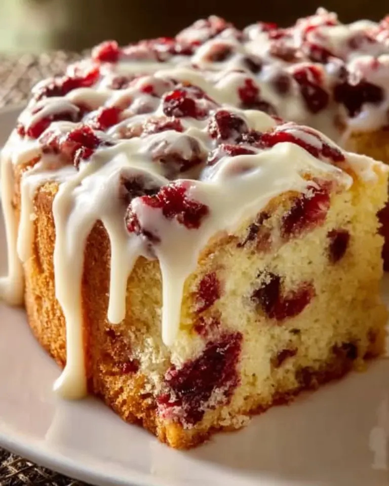 Slice of cranberry bliss coffee cake topped with cream cheese frosting