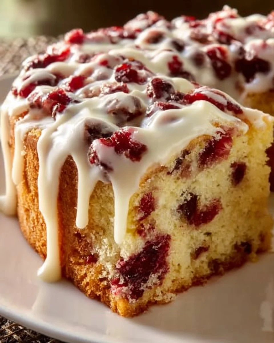 Slice of cranberry bliss coffee cake topped with cream cheese frosting