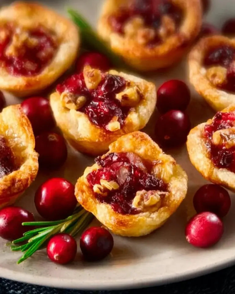 Cranberry Brie Cups arranged on a festive platter, perfect for appetizers.