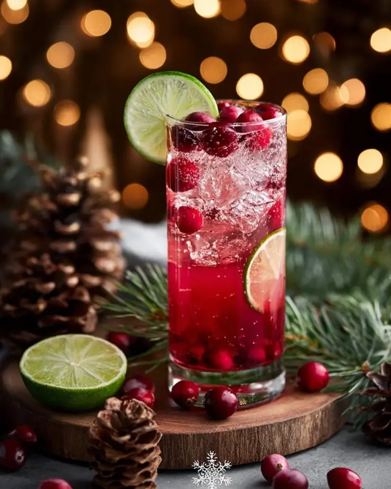 Refreshingly fizzy Cranberry Lime Fizz mocktail with lime garnish.