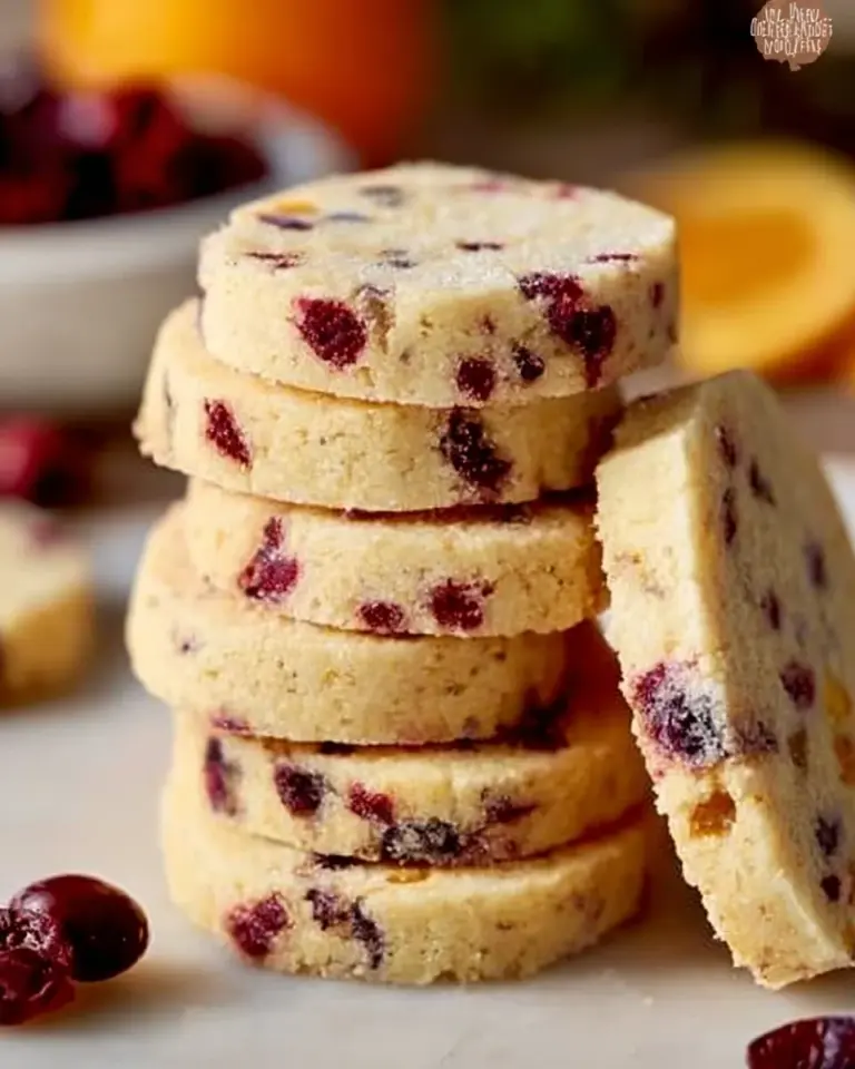 Cranberry Orange Shortbread Cookies on a plate, garnished with orange zest