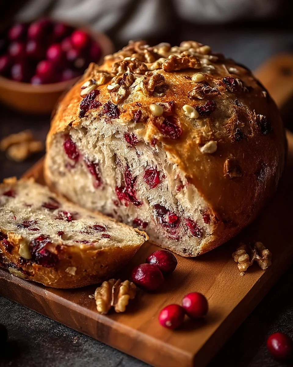 Freshly baked Cranberry Walnut Bread with cranberries and walnuts