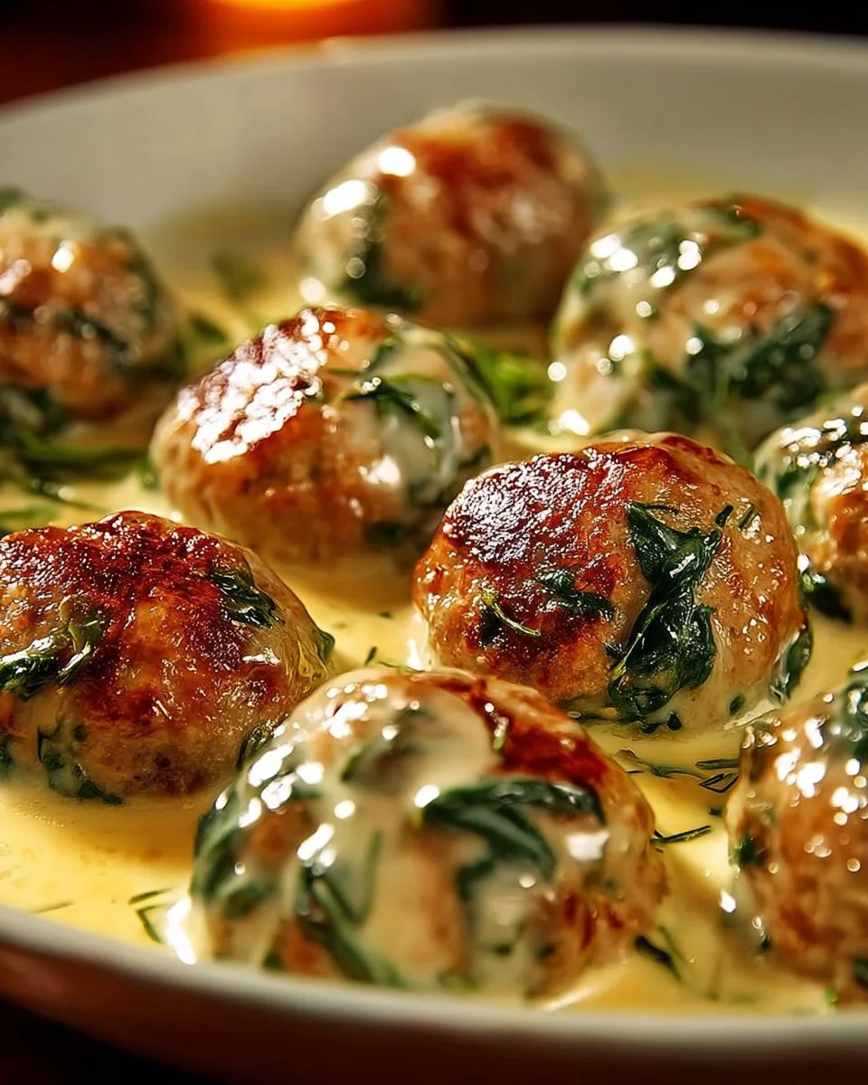 Creamy chicken ricotta meatballs served on a plate with herbs and sauce