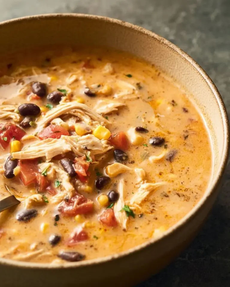 Bowl of creamy chicken taco soup garnished with cilantro and lime.