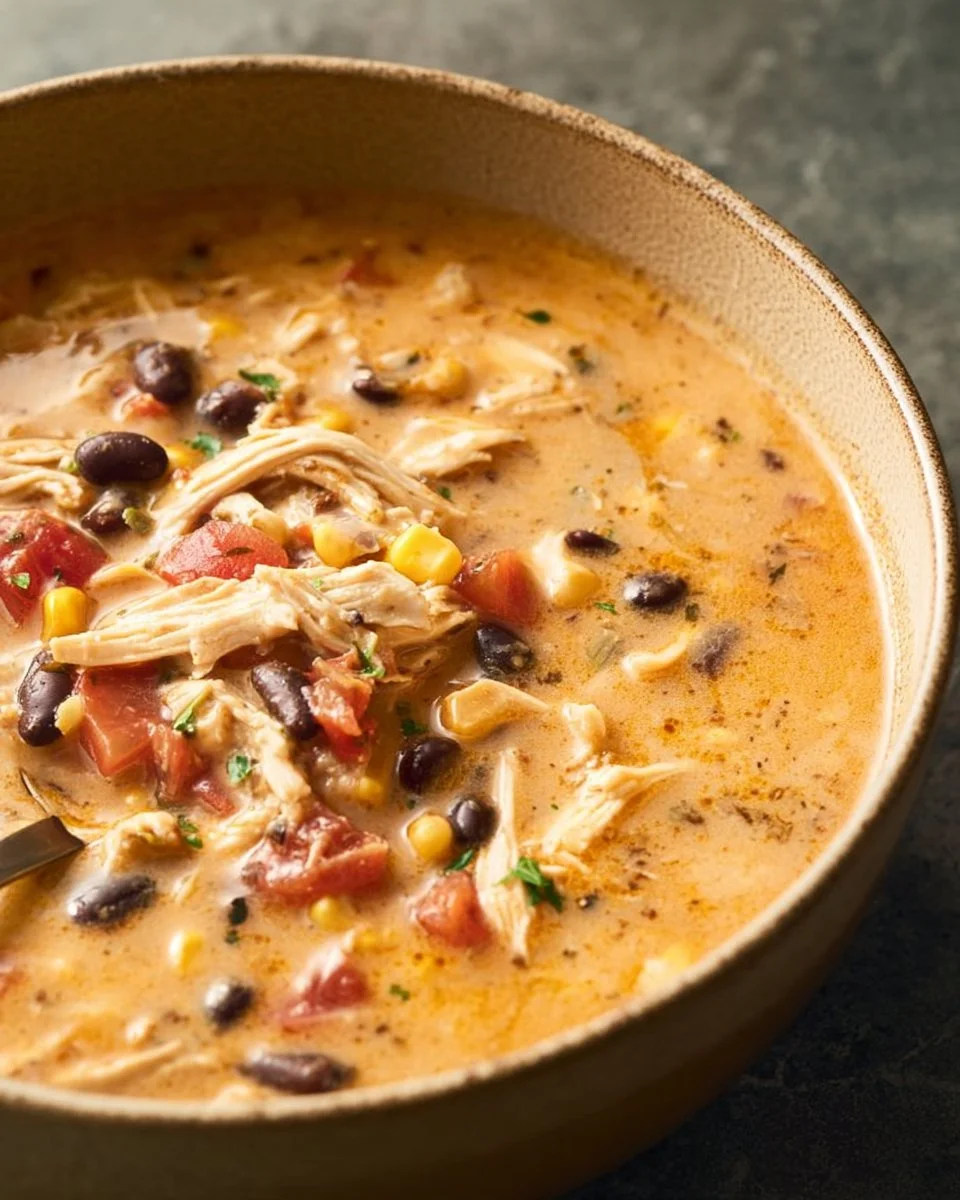 Bowl of creamy chicken taco soup garnished with cilantro and lime.