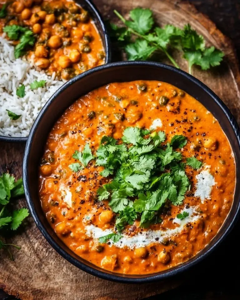 Bowl of creamy coconut chickpea curry topped with fresh herbs and served with rice.