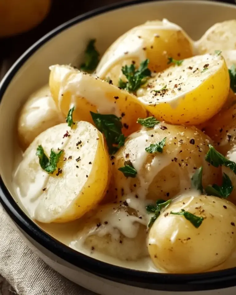 Creamy garlic sauce baby potatoes served on a plate with herbs.