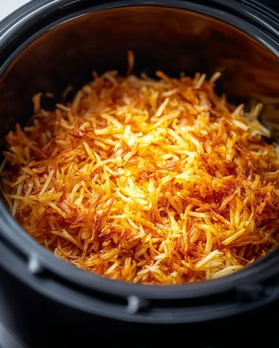 A bowl of creamy hash brown soup garnished with herbs and spices