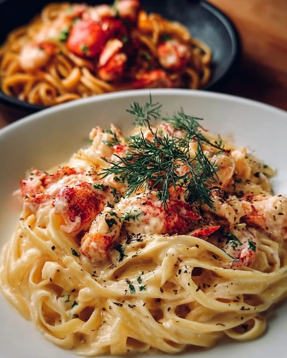 Creamy lobster pasta dish garnished with herbs and spices.