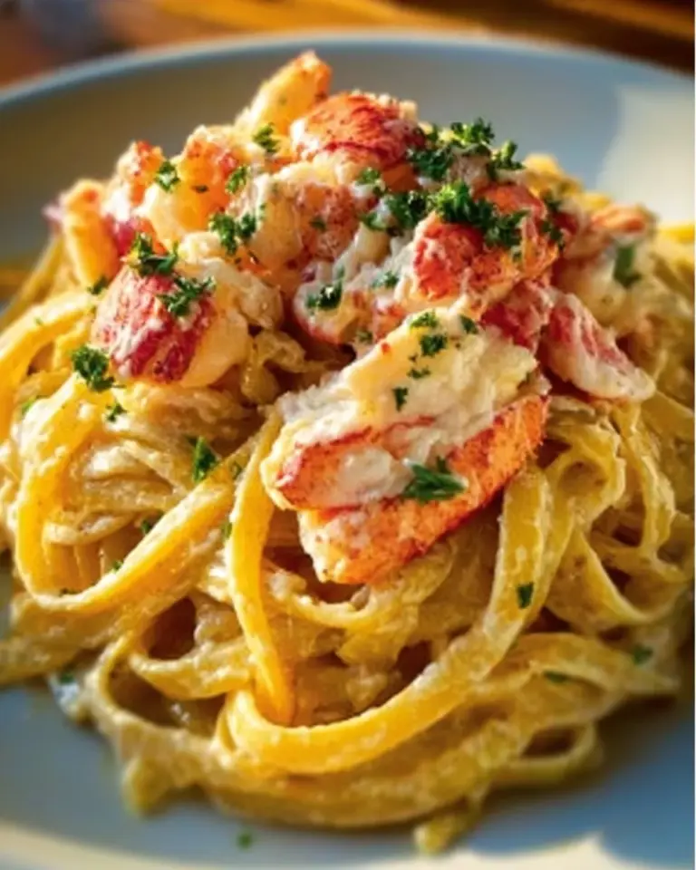 Delicious creamy lobster pasta served in a bowl with garnishes.