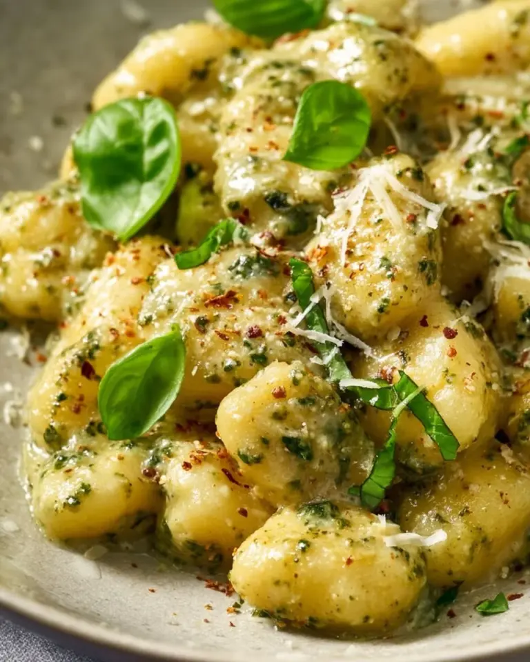 Bowl of creamy pesto gnocchi topped with fresh basil and parmesan cheese.