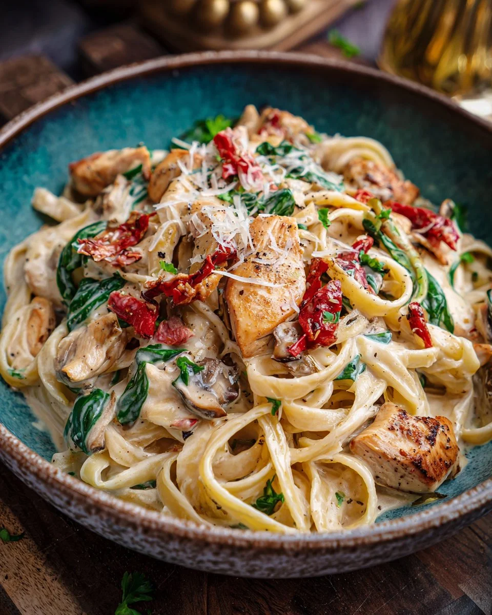Delicious creamy Tuscan chicken pasta garnished with fresh herbs and tomatoes