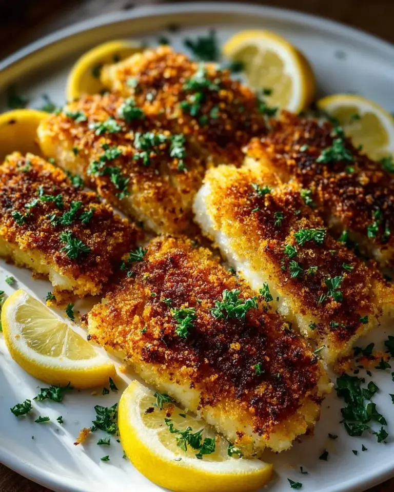 Crispy baked cod fillets on a plate, garnished and served with lemon slices.