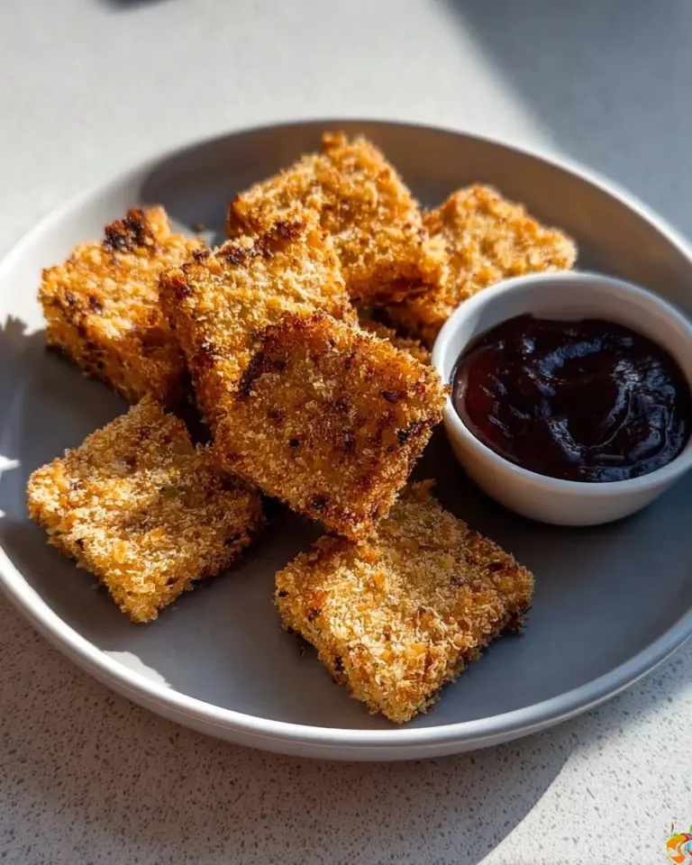 Crispy baked tofu nuggets served on a plate with dipping sauce.