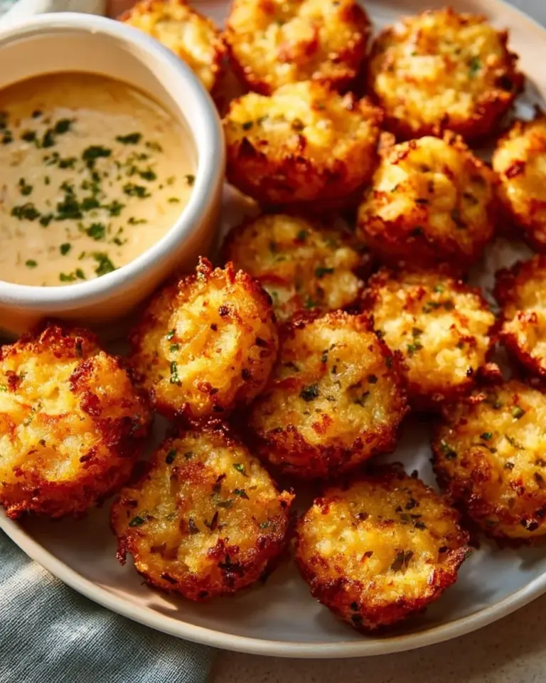 Plate of crispy crab cake bites served with dipping sauce