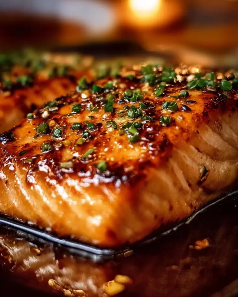 Crispy Honey Garlic Glazed Salmon served with vegetables on a plate