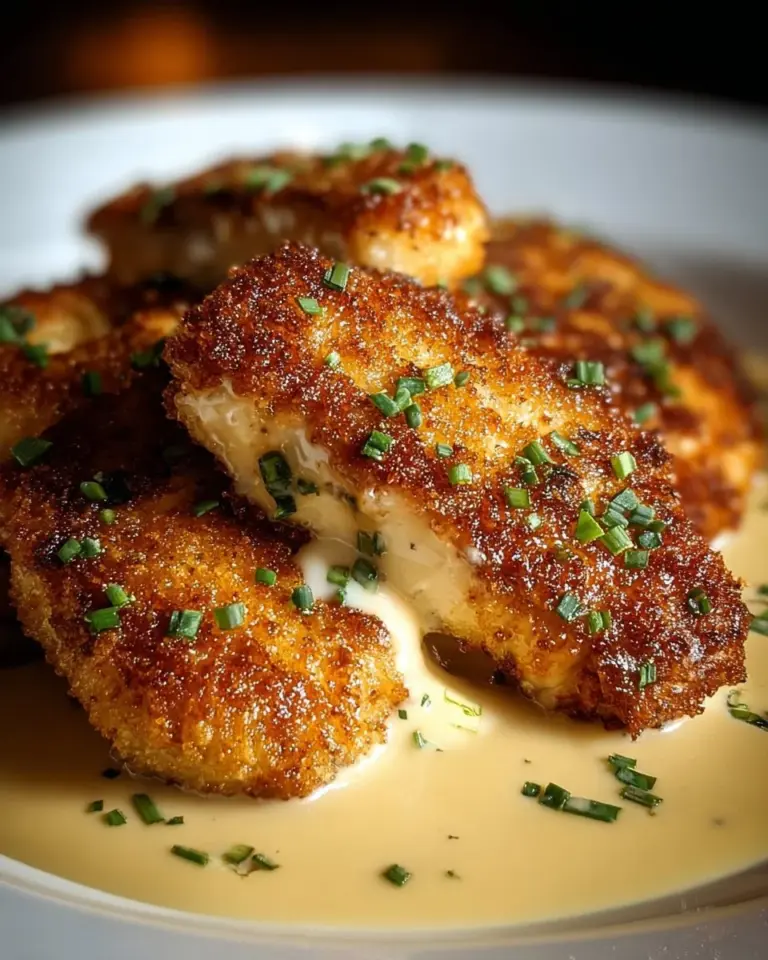 Crispy Parmesan Chicken served with rich garlic sauce on a plate.