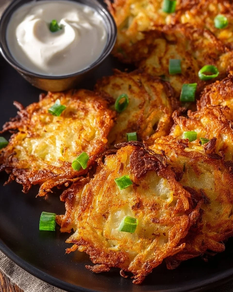 Crispy potato latkes served on a plate with sour cream and applesauce