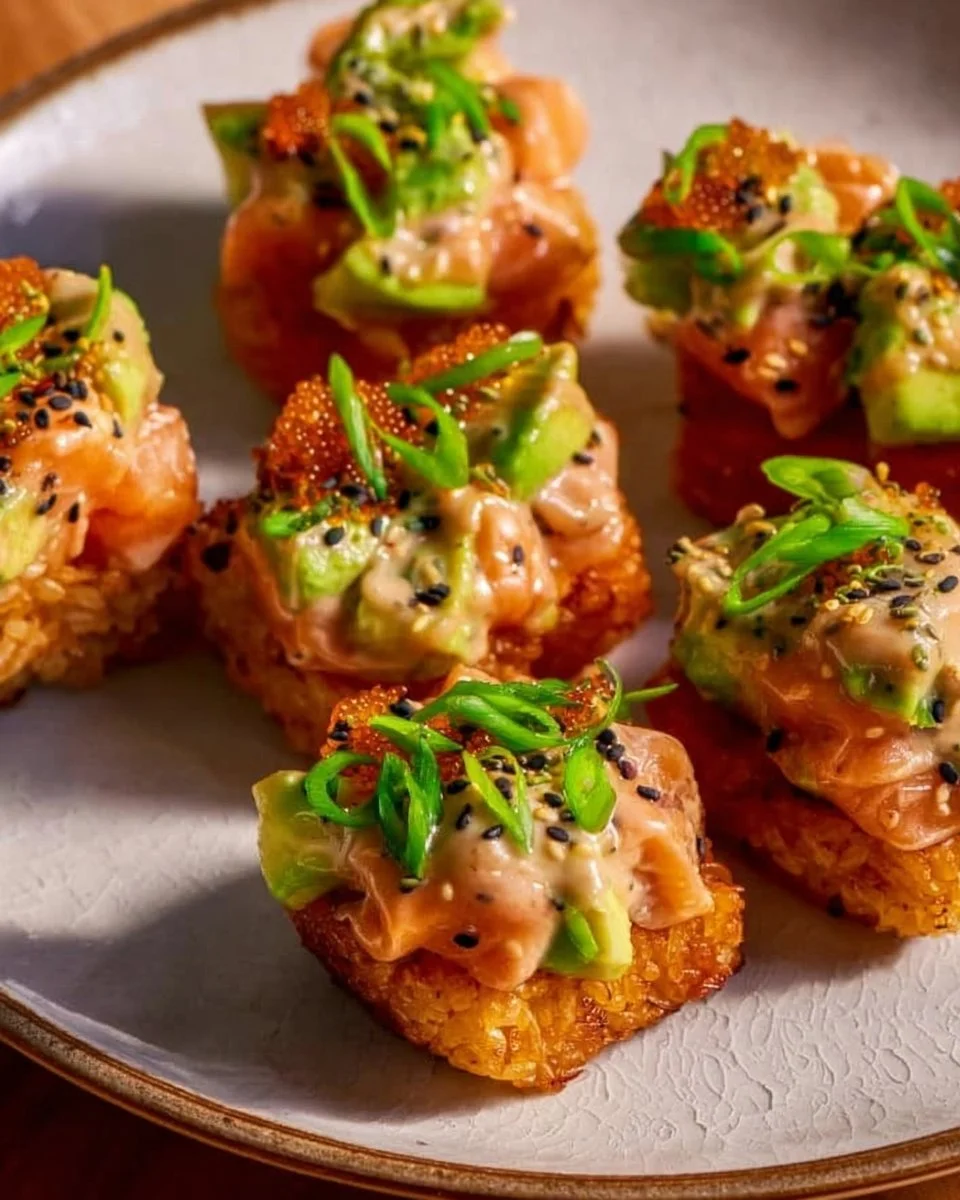 Crispy rice salmon topped with avocado and sesame seeds, garnished with microgreens