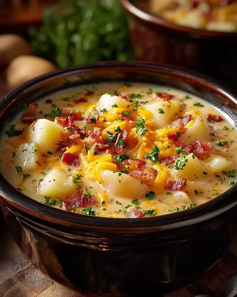 Crock Pot Crack Potato Soup in a bowl, topped with green onions and cheese